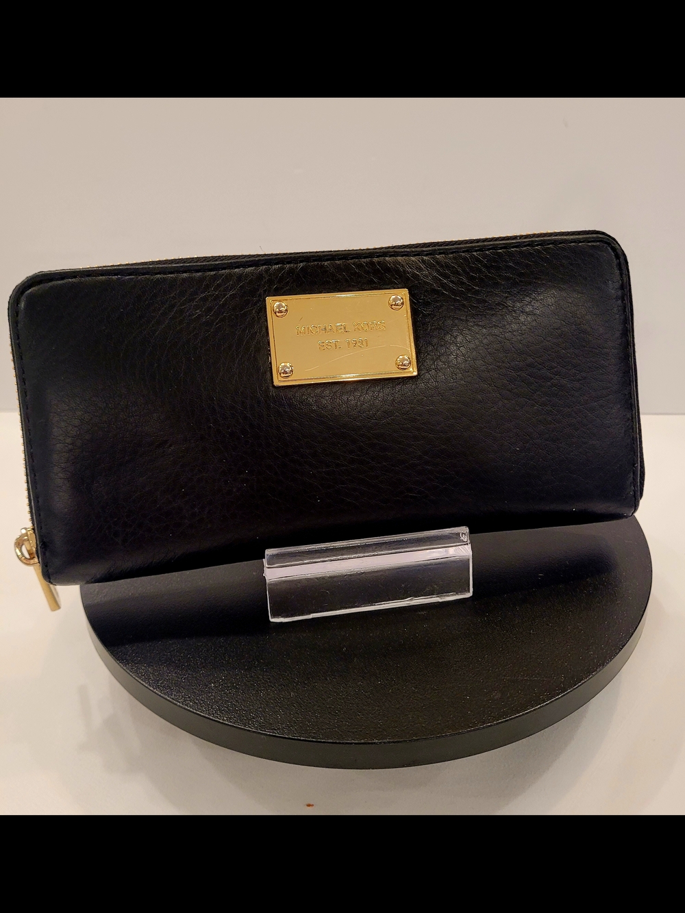 Michael Kors Black Leather Zip-Around Wallet with Gold Plaque